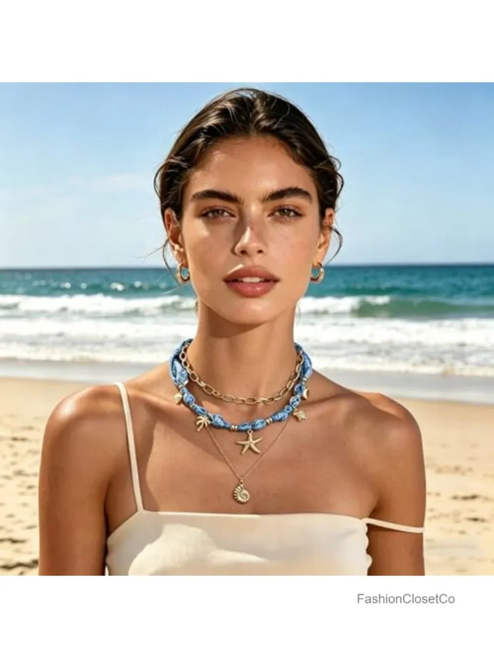 Boho Layered Scarf Necklace with Starfish Charm for Women Summer Beach